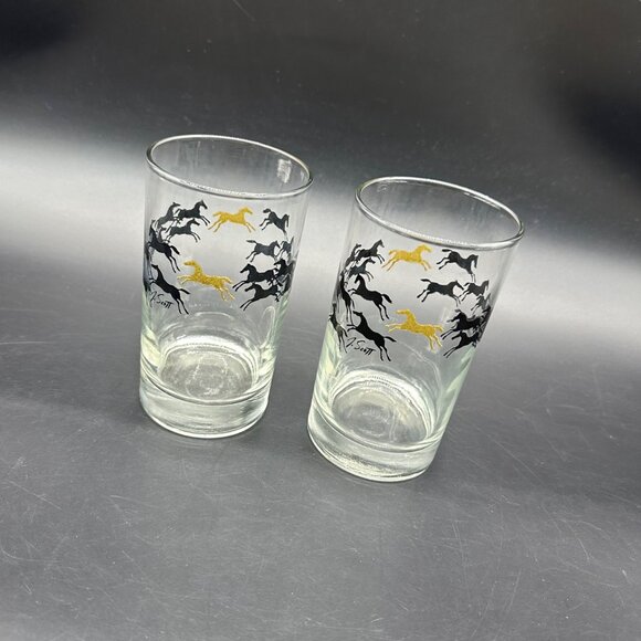 Vintage Horse Tumblers Libbey J Scott Stampede 1970s Black Gold Retro Barware - Picture 1 of 12